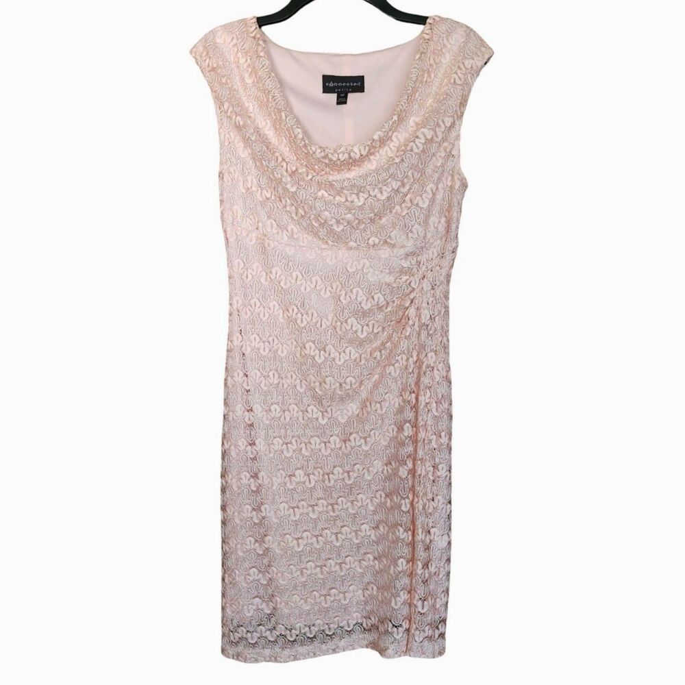 Connected Apparel Metallic Lace Cowl Neck Sheath Dress 10P Blush Pink Wedding